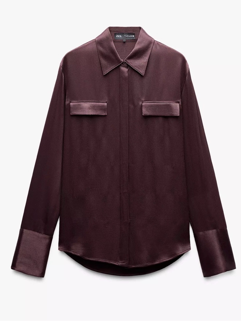NWT ZARA Satin Effect Pocket Shirt ZW Collection Burgundy